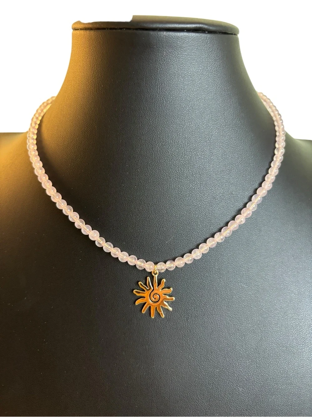 Luna Norte Genuine Rose Quartz Beaded Necklace w/ Brass Sun Pendant.